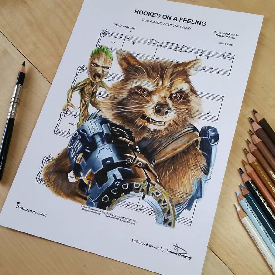 Artist Draws Disney Characters And Popular Singers On Sheet Music By Her Songs (New Pics)