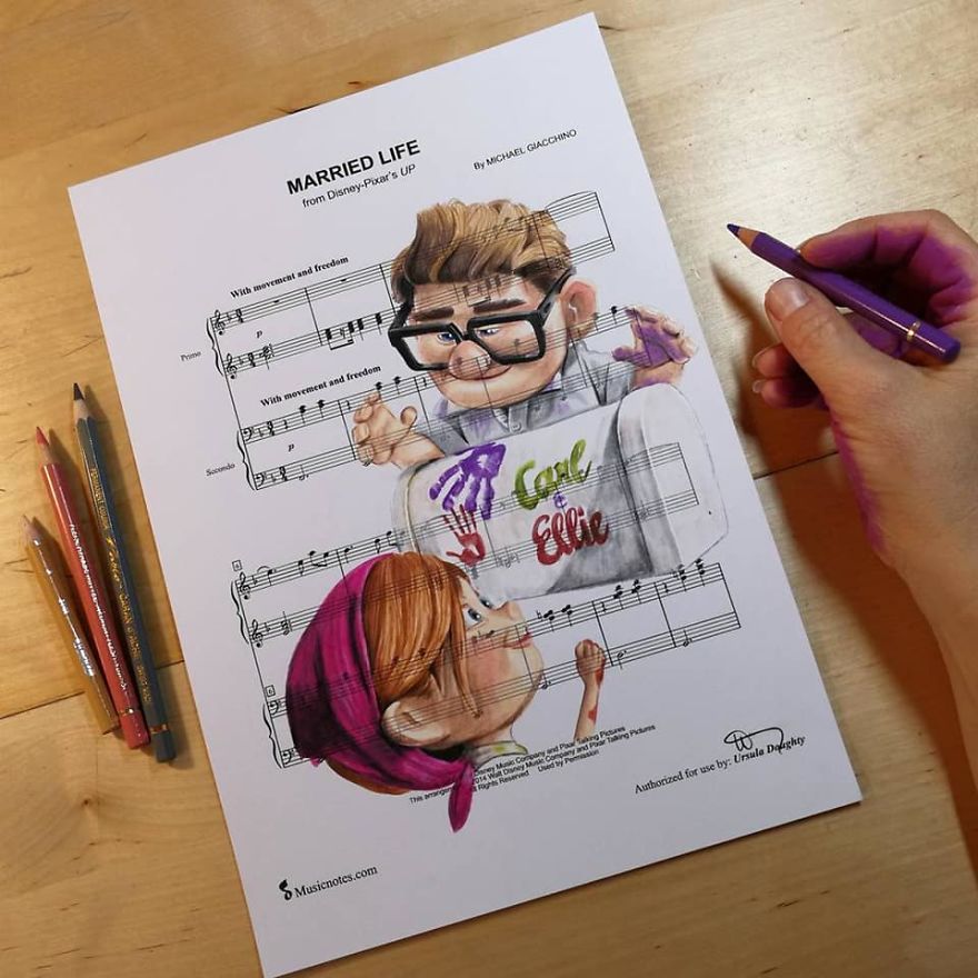 Artist Draws Disney Characters And Popular Singers On Sheet Music By Her Songs (New Pics)