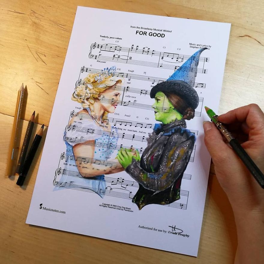 Artist Draws Disney Characters And Popular Singers On Sheet Music By Her Songs (New Pics)