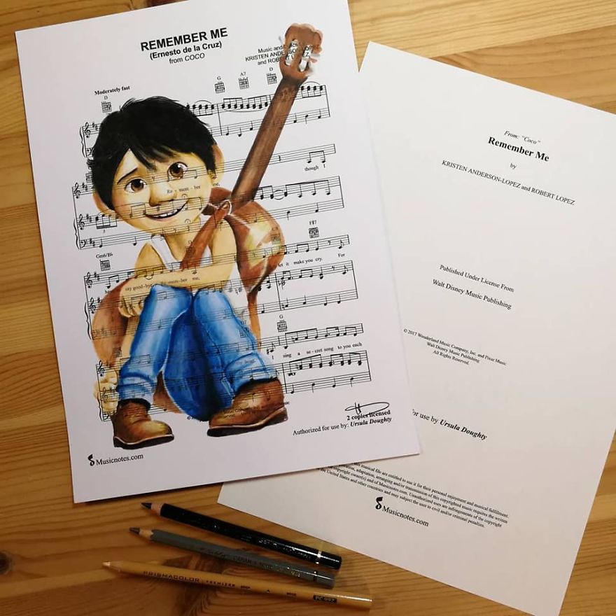 Artist Draws Disney Characters And Popular Singers On Sheet Music By Her Songs (New Pics)