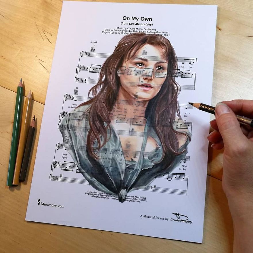 Artist Draws Disney Characters And Popular Singers On Sheet Music By Her Songs (New Pics)