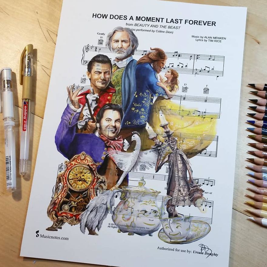 Artist Draws Disney Characters And Popular Singers On Sheet Music By Her Songs (New Pics)