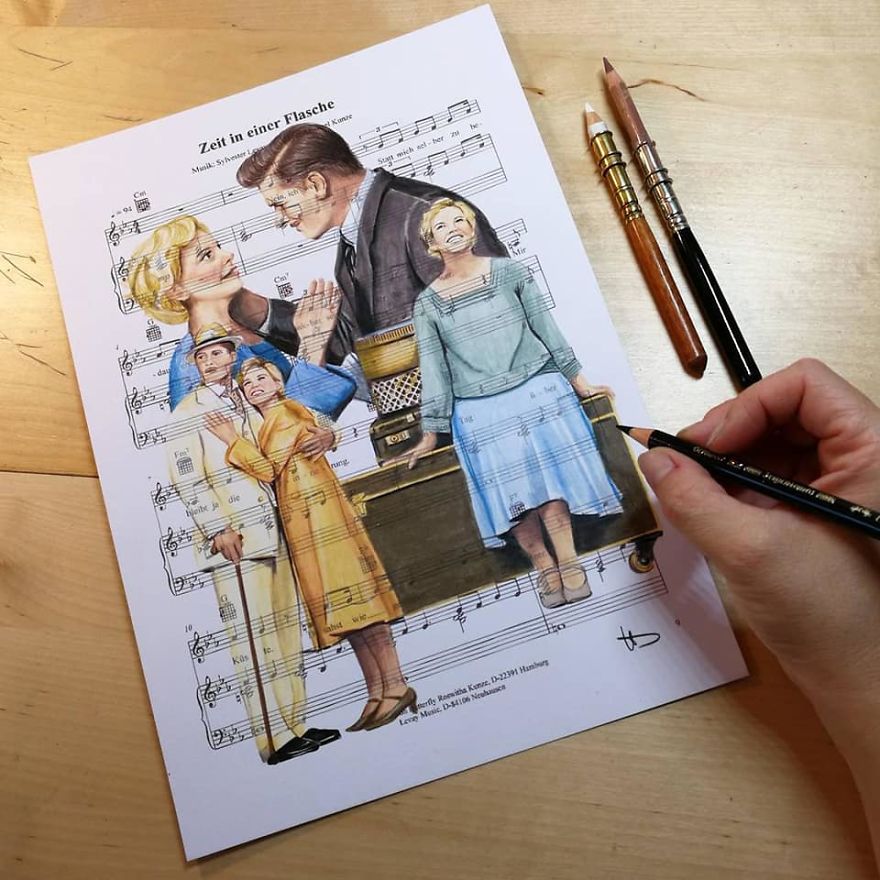 Artist Draws Disney Characters And Popular Singers On Sheet Music By Her Songs (New Pics)