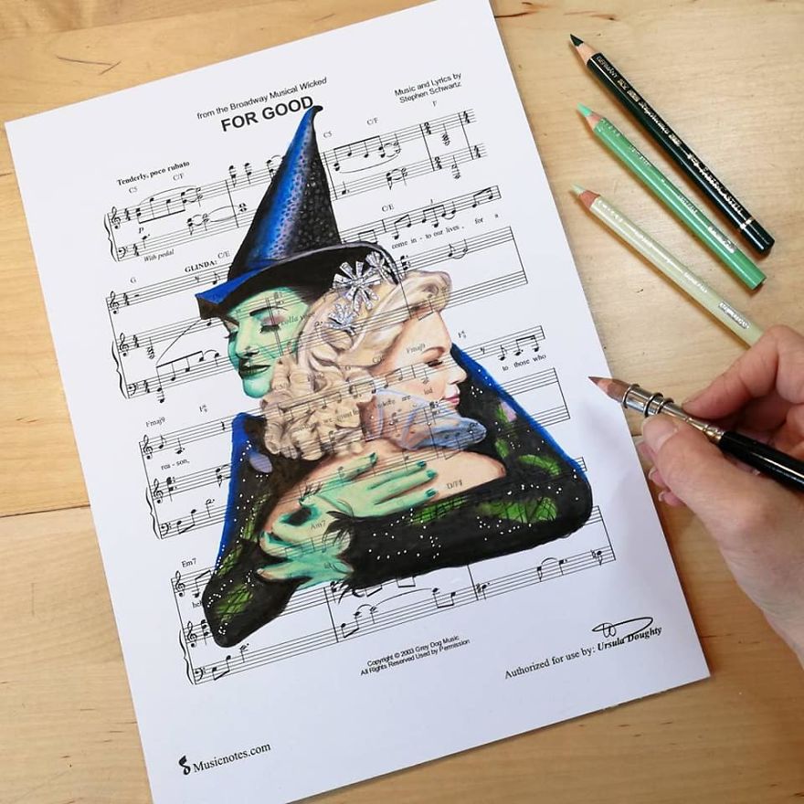 Artist Draws Disney Characters And Popular Singers On Sheet Music By Her Songs (New Pics)