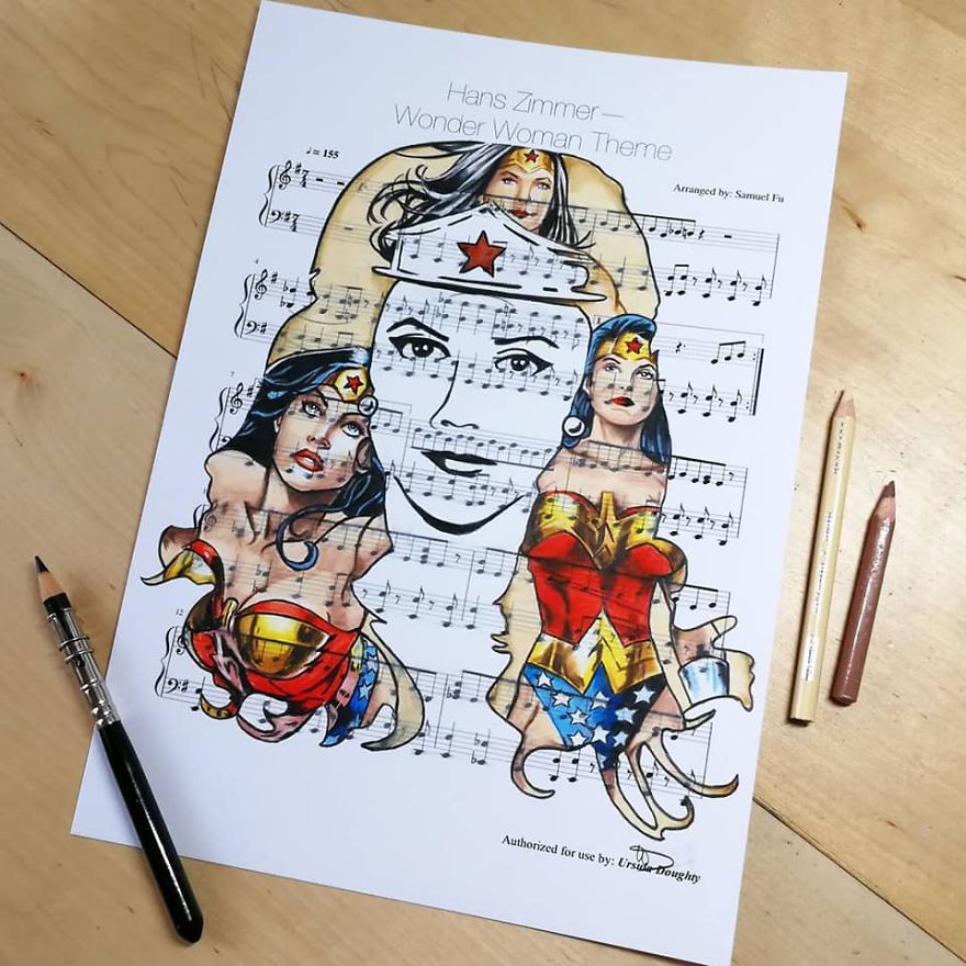 Artist Draws Disney Characters And Popular Singers On Sheet Music By Her Songs (New Pics)