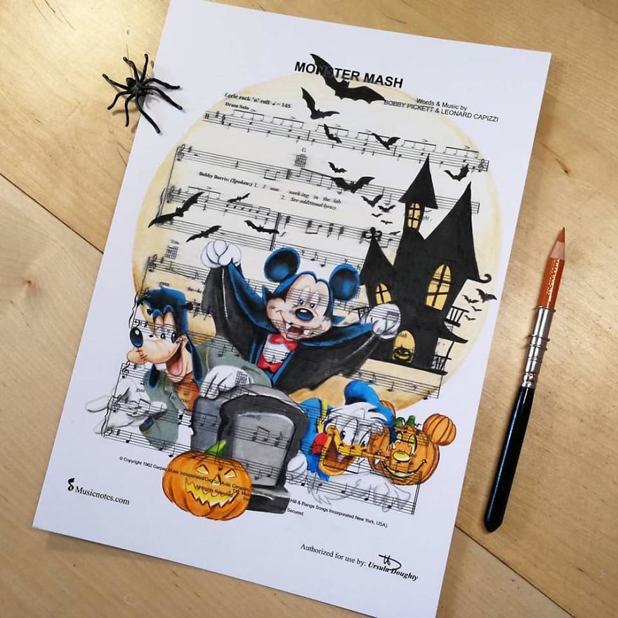 Artist Draws Disney Characters And Popular Singers On Sheet Music By Her Songs (New Pics)