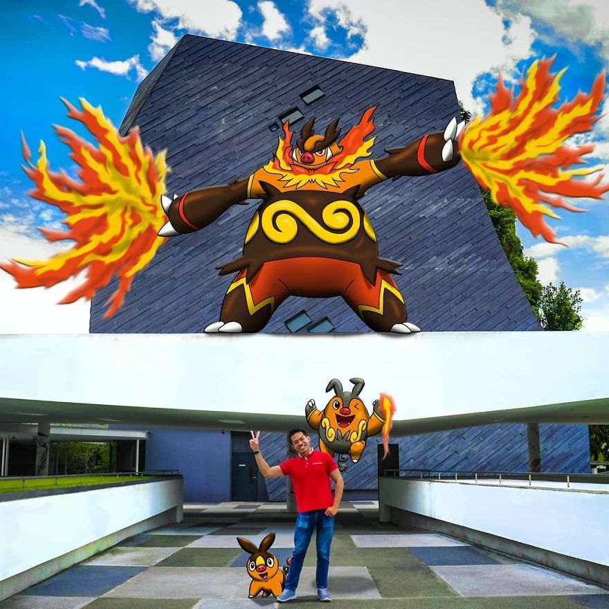 Man posing with Pokémon illustrations against a modern building, showing creativity in Pokémon-themed photo integration.