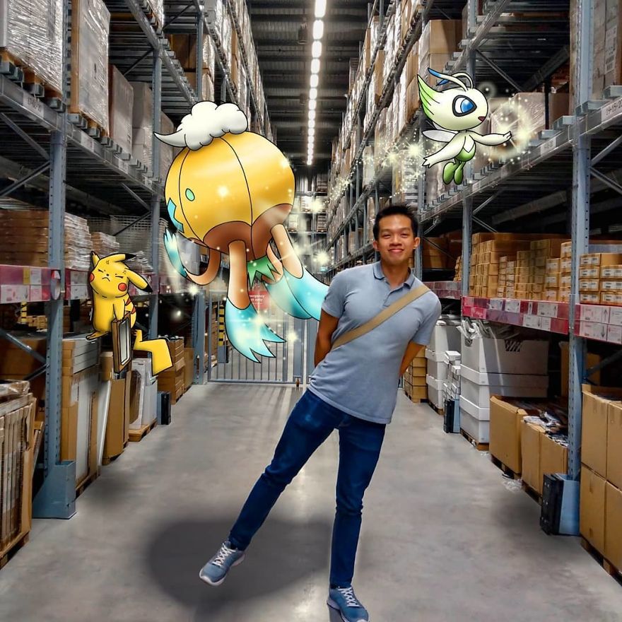 Person in warehouse with cartoon Pokémon illustrations nearby.