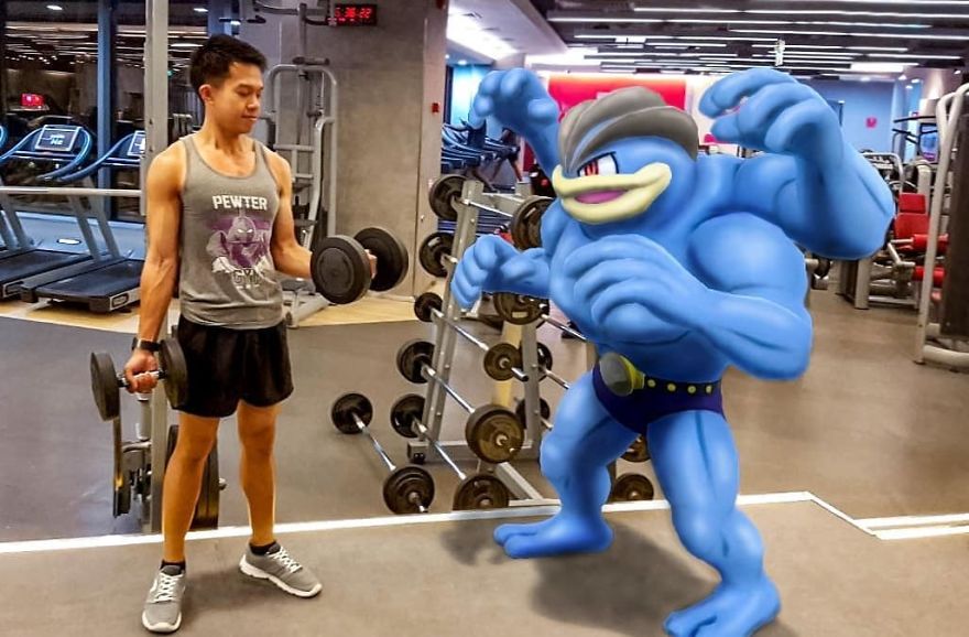 Man lifting weights in gym with Pokémon illustration of Machamp next to him.