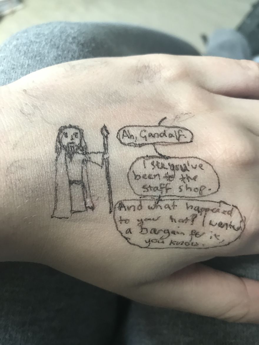 Hand-drawn Tolkien-inspired tattoo sketch with Gandalf on skin.