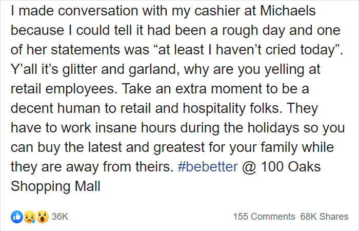 A Woman Shows What It's Like To Work In Retail During The Holidays, Asks People To Be Nicer To Employees A Woman Shows What It's Like To Work In Retail During The Holidays, Asks People To Be Nicer To Employees