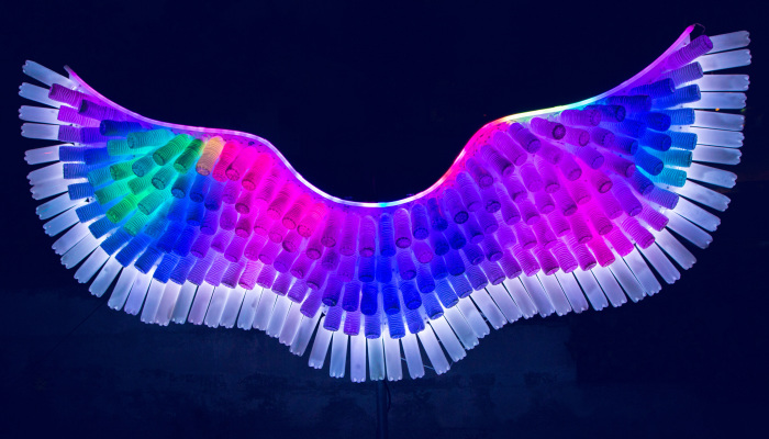 My Family And I Created A Led Angel Wing Light Sculpture Using 300 Recycled Water Bottles