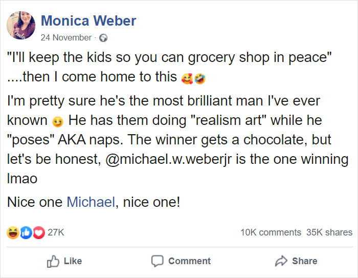 Dad Watches Kids & Lets Mom Go Shopping, Mom Returns To Him Sleeping While His Kids Draw Him “Posing” Dad Watches Kids & Lets Mom Go Shopping, Mom Returns To Him Sleeping While His Kids Draw Him “Posing”