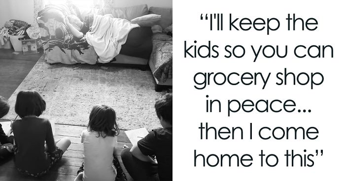 Dad Watches Kids & Lets Mom Go Shopping, Mom Returns To Him Sleeping While His Kids Draw Him “Posing”