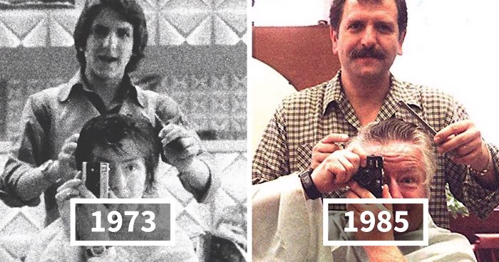 Man Snaps A Mirror Selfie With His Barber In The 1970s, Continues The Tradition For 40 YearsMan Snaps A Mirror Selfie With His Barber In The 1970s, Continues The Tradition For 40 Years
