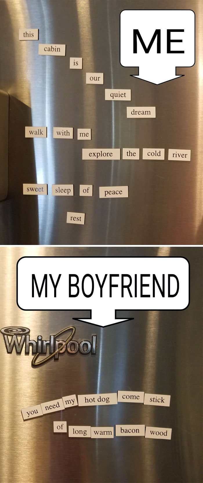 I Made The Mistake Of Buying A "Romantic" Cabin Poetry Set For Our Refrigerator
