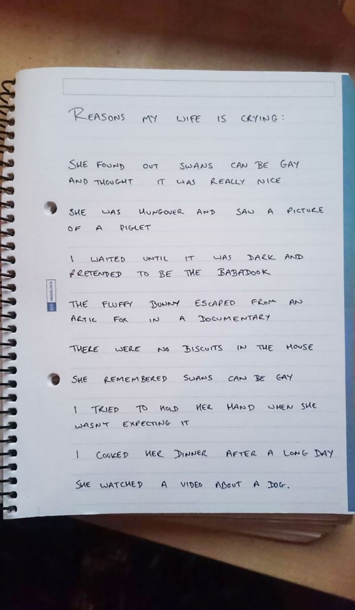 My Wife Cries At Absolutely Anything. I Mean, Anything. So I Started Writing The Reasons Down Because Reasons