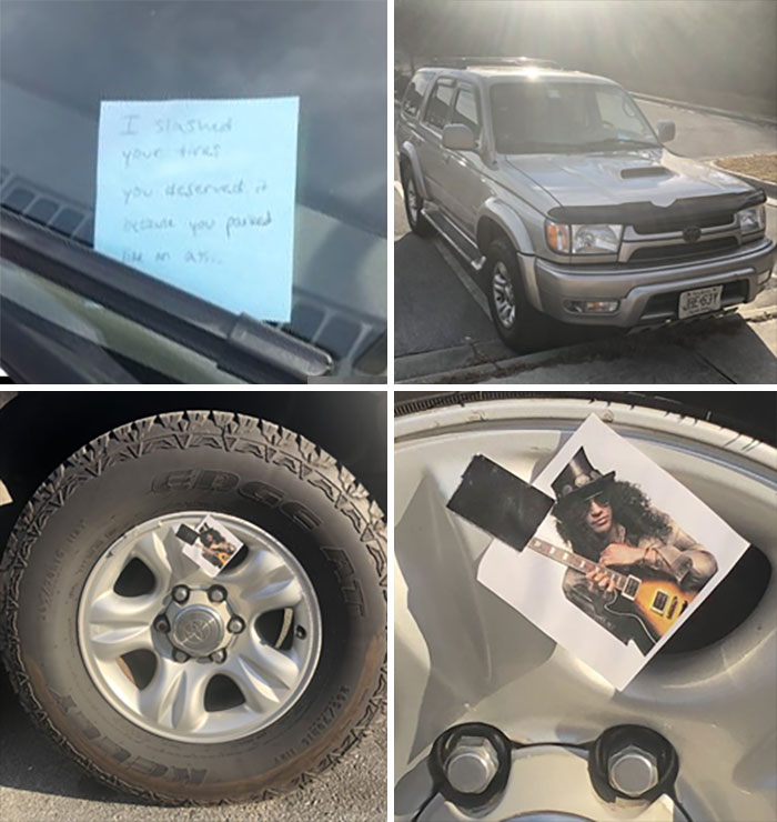 Car with a funny message and a picture on it 