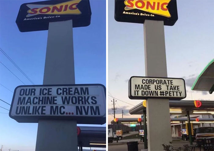 Sonic cafe sign with a funny sign outside 