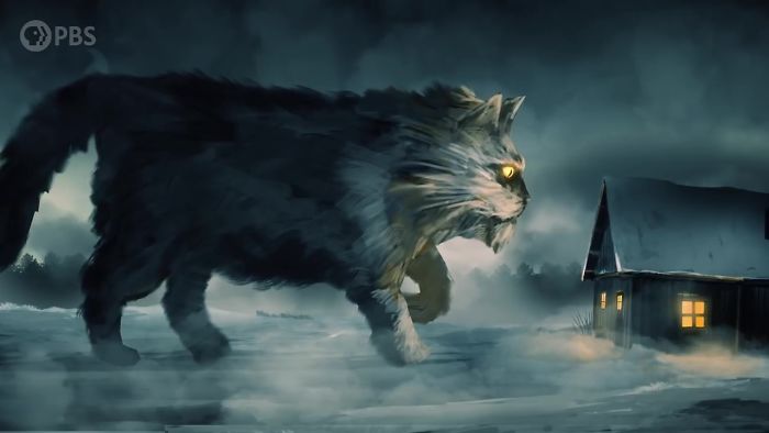 Giant Yule Cat from Icelandic legend prowling near a snowy house at night, with glowing eyes and bushy fur. Giant Yule Cat from Icelandic legend prowling near a snowy house at night, with glowing eyes and bushy fur.