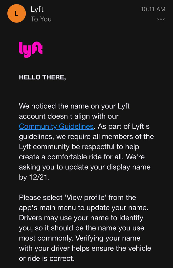 People With 'Offensive' Real Names Get Messages From Lyft Saying They Break 'Guidelines' People With 'Offensive' Real Names Get Messages From Lyft Saying They Break 'Guidelines'
