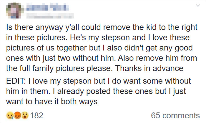 People Shame Mom For Asking Her Stepson To Be Photoshopped Out Of Family Pics, She Responds To Backlash People Shame Mom For Asking Her Stepson To Be Photoshopped Out Of Family Pics, She Responds To Backlash