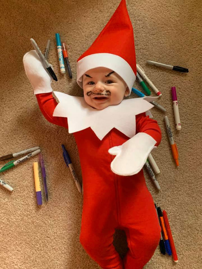 Every Advent Day This Mom Took A Photo Of Her Baby, Dressed As A Baby Elf On The Shelf