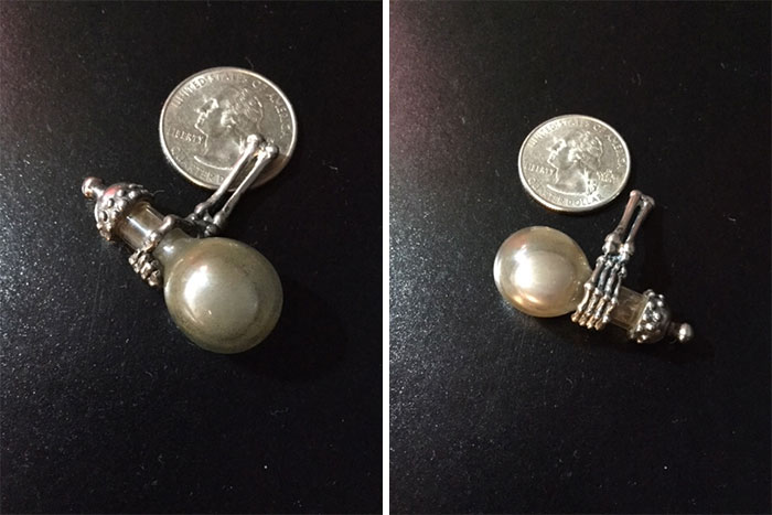 Skeleton Arm Holding A Flask Of Mercury Necklace. It Contains Real Mercury