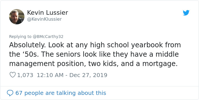 Twitter post by Kevin Lussier discussing how humans aged faster in the past with seniors from 1950s yearbooks.