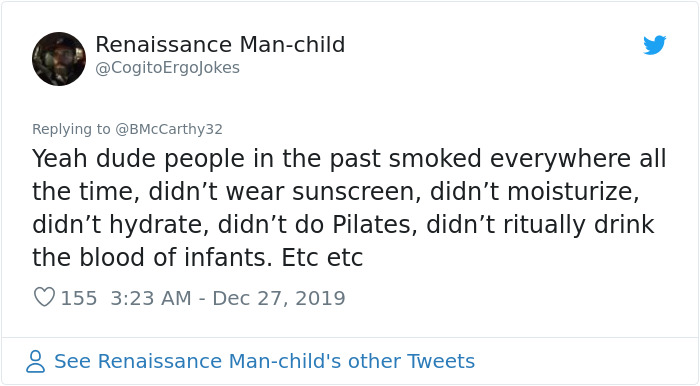 Tweet text discussing habits of people in the past as proof humans aged faster in the past according to old photos.