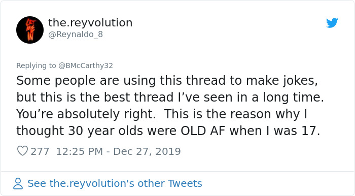 Tweet discussing how 30 year olds seemed aged faster in the past, highlighting old photos showing human aging differences.