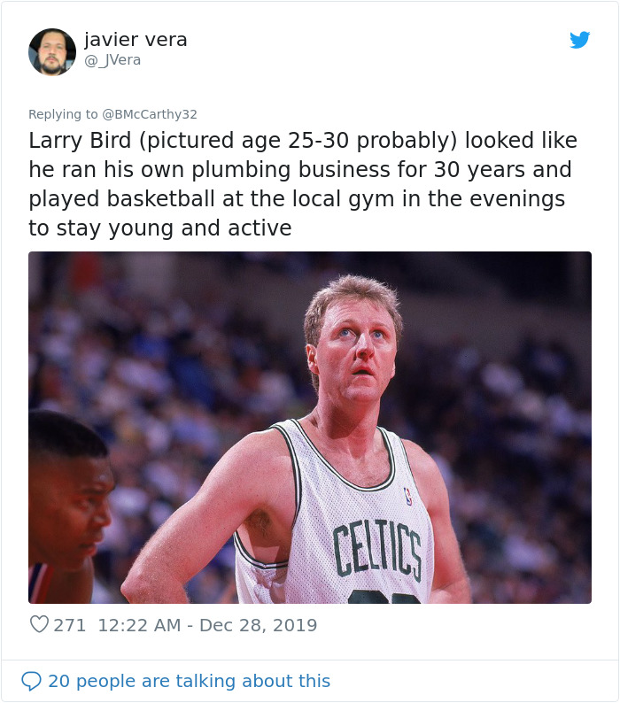 Larry Bird playing basketball in a Celtics jersey, illustrating how humans aged faster in the past in old photos.