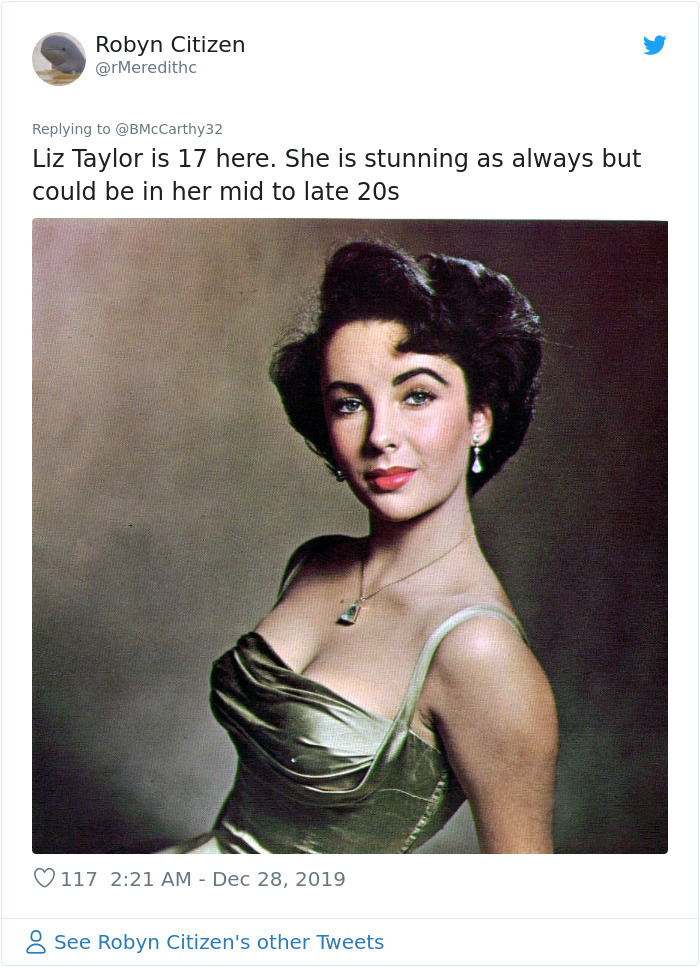 Young Elizabeth Taylor portrait showing how humans aged faster in old photos compared to modern times.