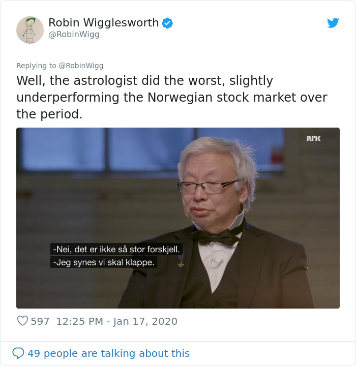 Norwegian TV Tests The Judgement Of Professional Stockbrokers Against Astrology, Beauty Bloggers, And Cow Poop Norwegian TV Tests The Judgement Of Professional Stockbrokers Against Astrology, Beauty Bloggers, And Cow Poop