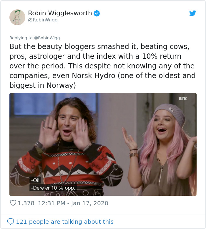 Norwegian TV Tests The Judgement Of Professional Stockbrokers Against Astrology, Beauty Bloggers, And Cow Poop Norwegian TV Tests The Judgement Of Professional Stockbrokers Against Astrology, Beauty Bloggers, And Cow Poop