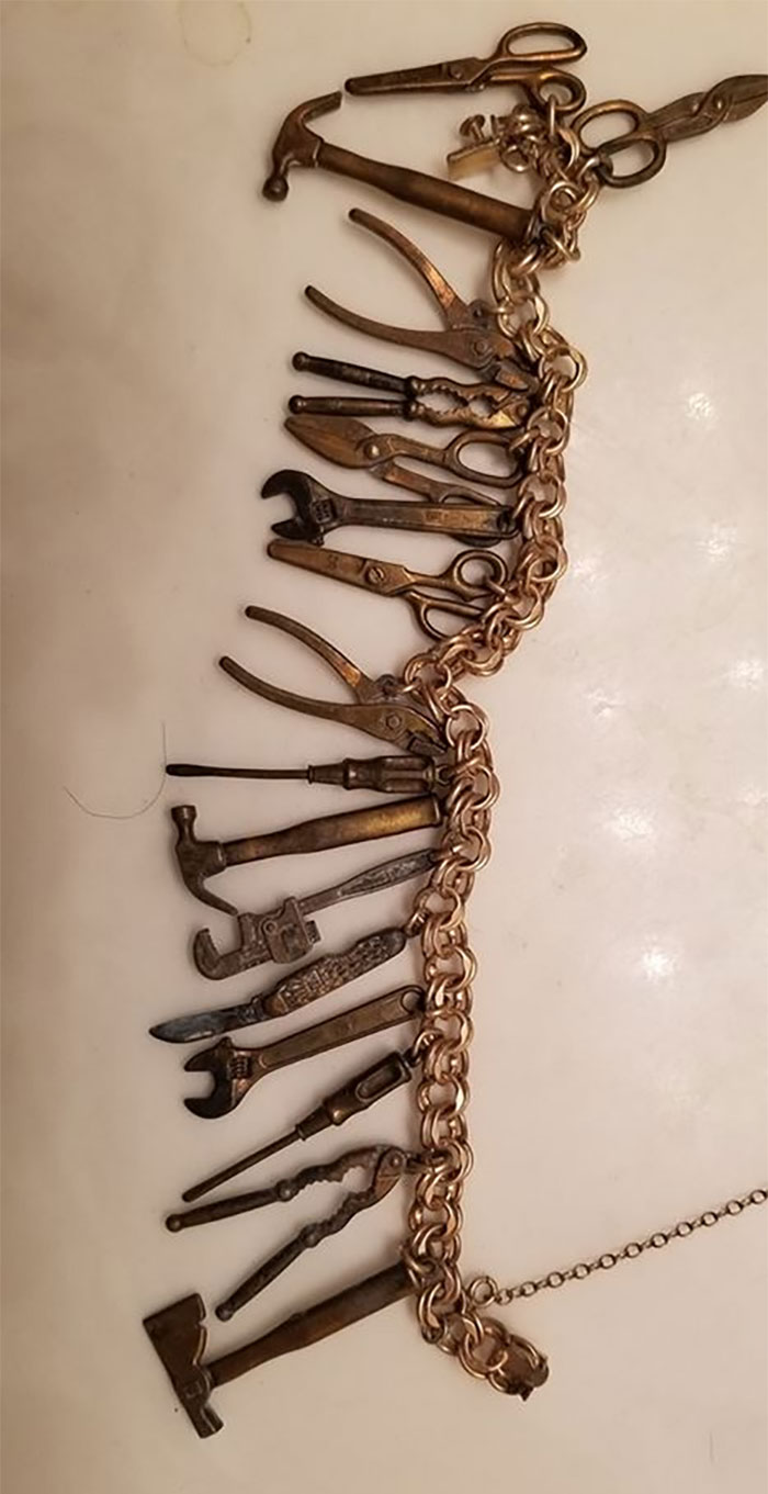 My Mother's Charm Bracelet Of Tiny Tools. The Pen Knife, Pliers, Nutcracker And Scissors All Operate. She Died In 1969 And I Doubt This Has Been Cleaned Since. I Don't Even Know How To Clean It Properly