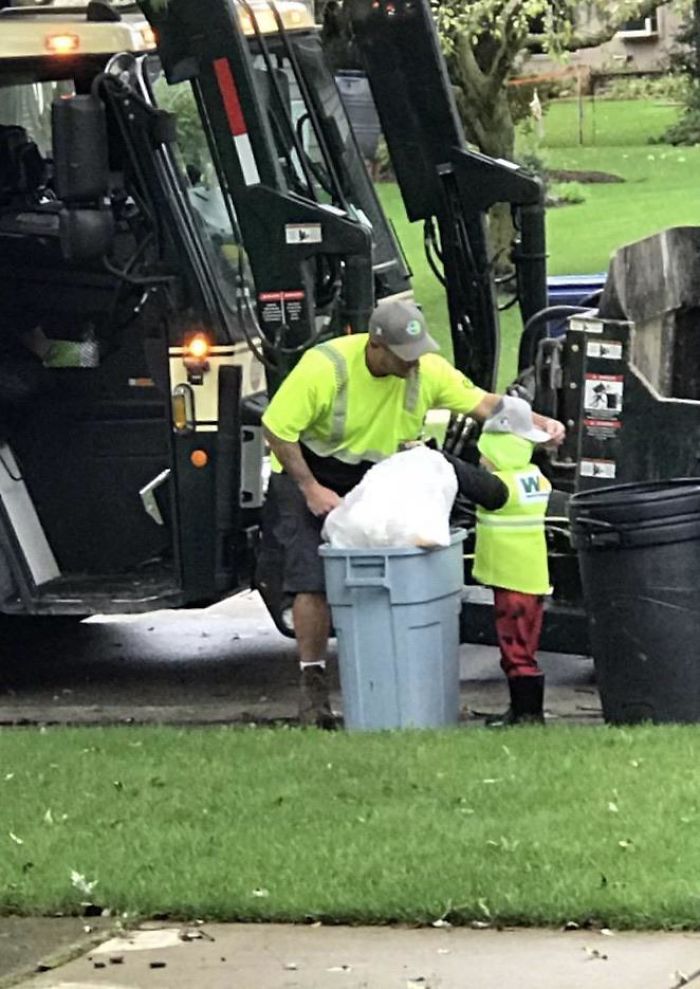 Every Thursday Morning My Little Nephew Waits For The Garbage Man To Arrive So He Can Help. Today They Brought Him A WM Hat To Wear