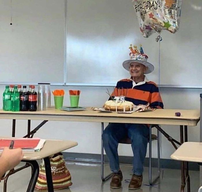 Students Threw Their Teacher A Suprise Party With His Favorite Cheesecake For His 75th Birthday And His Smile Makes My Heart Happy