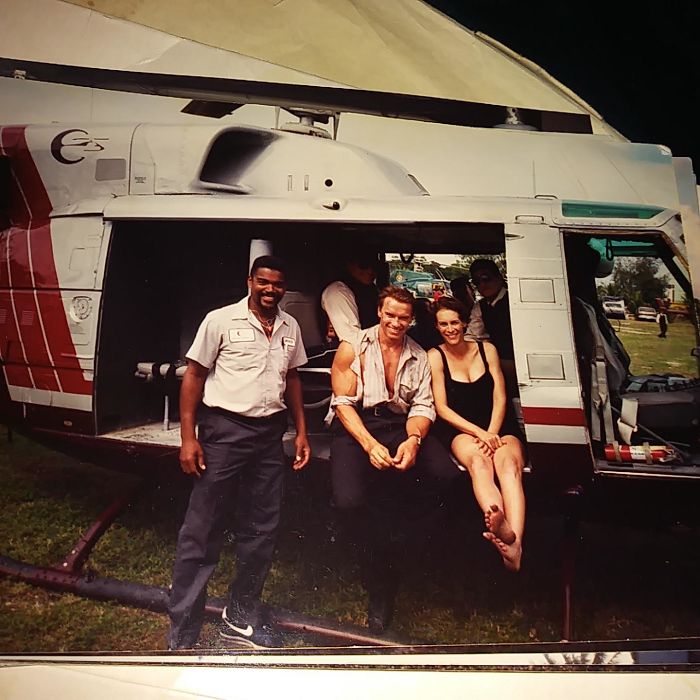 My Stepdad Did The All The Flight Rigging For Jamie Lee Curtis In True Lies. He's 70 This Year And Going Strong As An Ox. This Is Him With Arnold Schwarzenegger And Jamie Lee Curtis