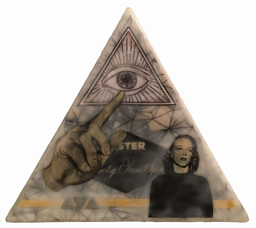 "Betsy Ross Spinet", 6in Triangle Encaustic Collage With Ink Drawing On Rice Paper And Framing Parts