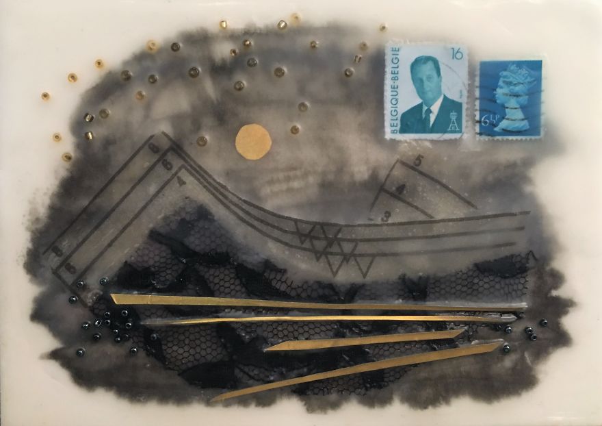 "Midnight On Mcintosh Lake", 5x7, Encaustic Collage With Stamps, Beads, Lace, Fabric Patterns, And Ink On Rice Paper