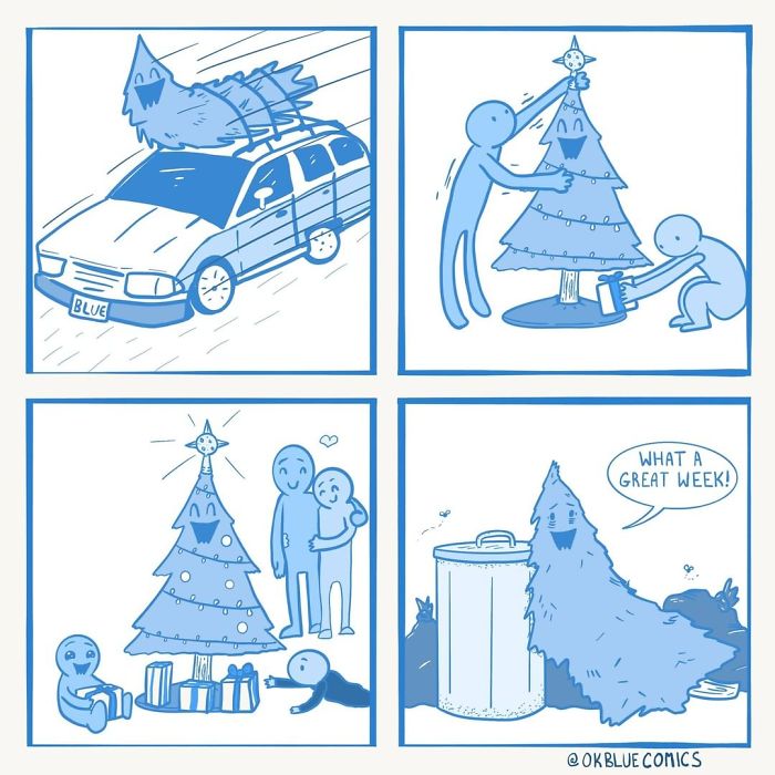OkBlue comics in blue style showing humorous scenes with a car, Christmas tree, and characters celebrating and relaxing.