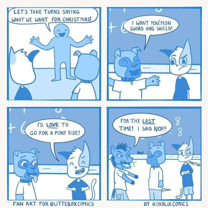 Blue-toned comic panels featuring characters sharing holiday wishes in a humorous OkBlue comic style.