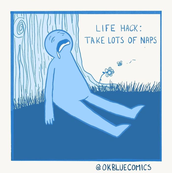Blue character sitting against a tree with eyes closed and text about life hack naps from OkBlue comics on insomnia and boredom.