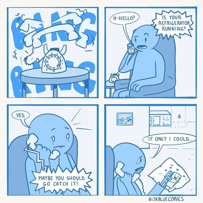 Blue comic strip featuring a person making a phone call with a humorous twist on insomnia and boredom.