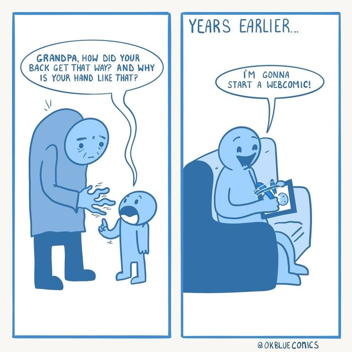 Blue OkBlue comic panels featuring a grandchild asking about a hand injury and a character starting a webcomic on a tablet.
