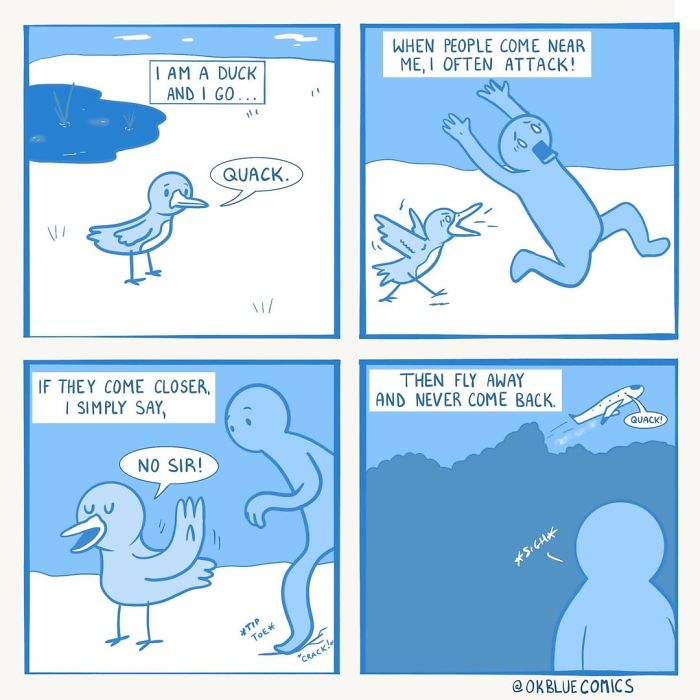 Comic strip from OkBlue Comics featuring a duck and a person in a humorous interaction about personal space and boundaries.