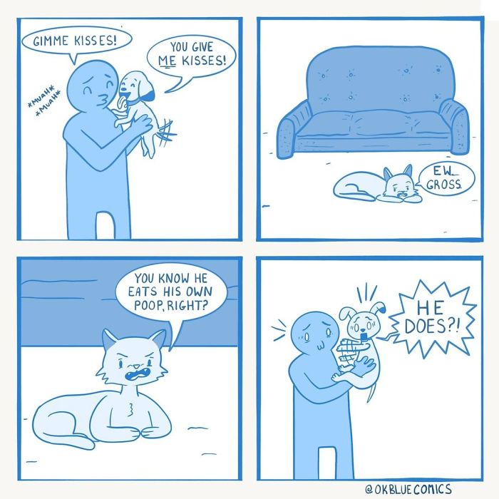 Blue comic strip by OkBlue featuring a character and pets discussing surprising pet behavior with humor and expressions.