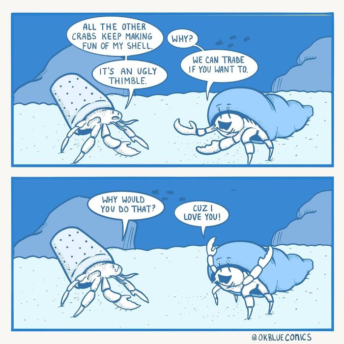 Two hermit crabs in a blue comic style from OkBlue Comics discussing shell trading and friendship.