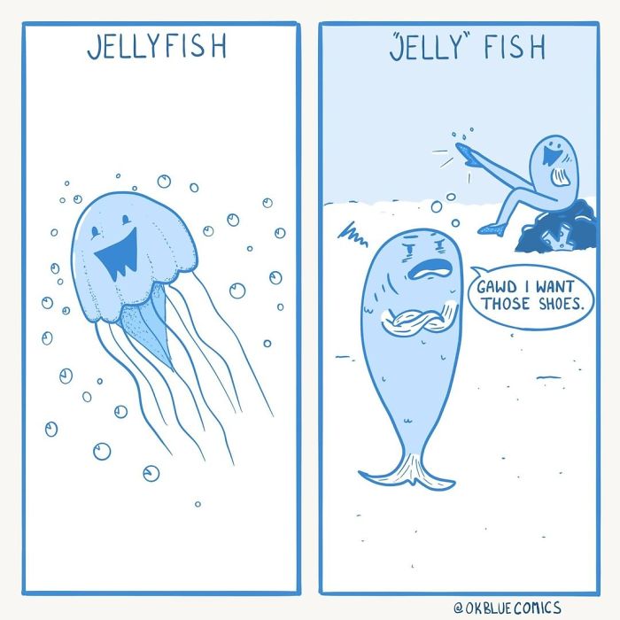 Comic from OkBlue Comics showing a jellyfish and a fish with a sign about shoes, reflecting insomnia and boredom themes.